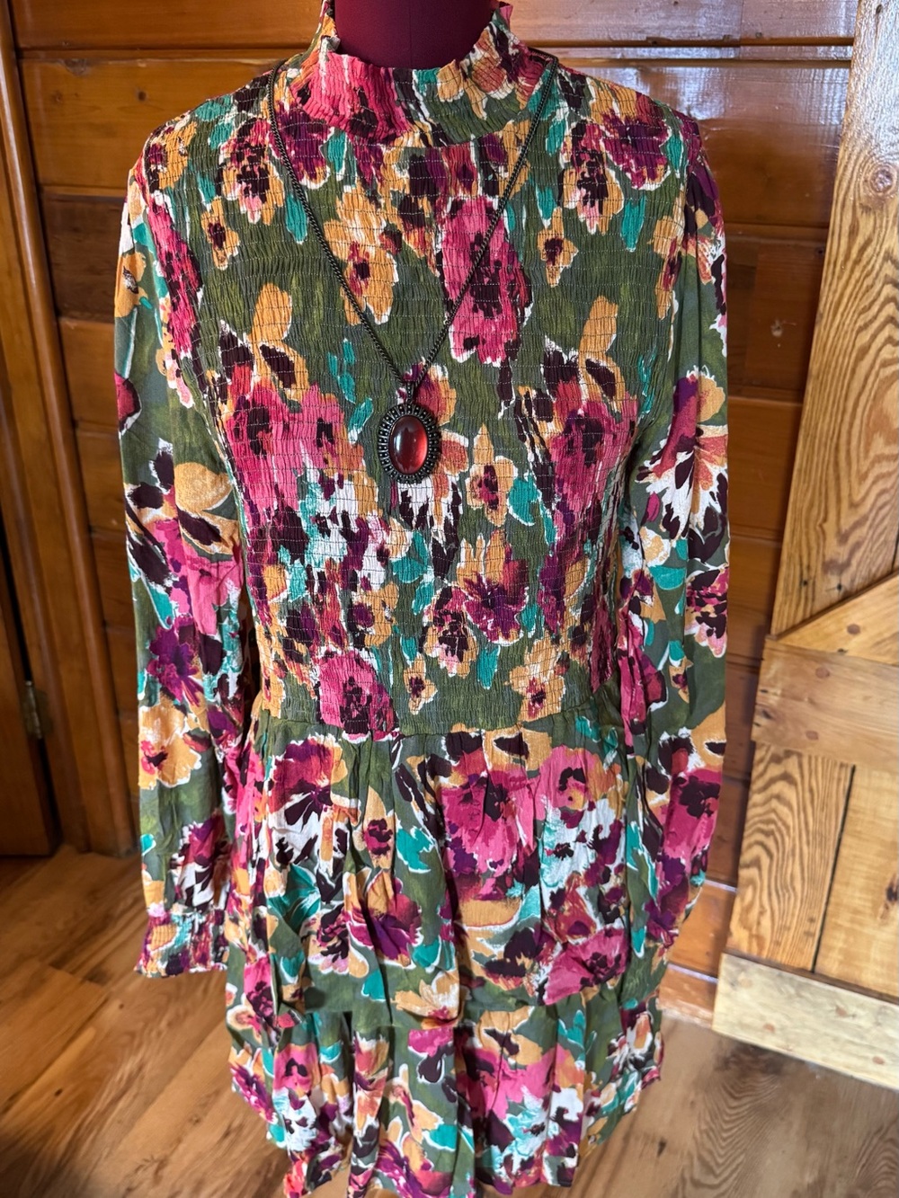 easel NWT Floral Tiered Long Sleeve Mock Neck Dress - Olive, Pink, Mustard - Picture 2 of 6